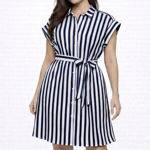 *NWT*‎ Express Navy Blue White Striped Womens Dress Sz. M Belted Button Front